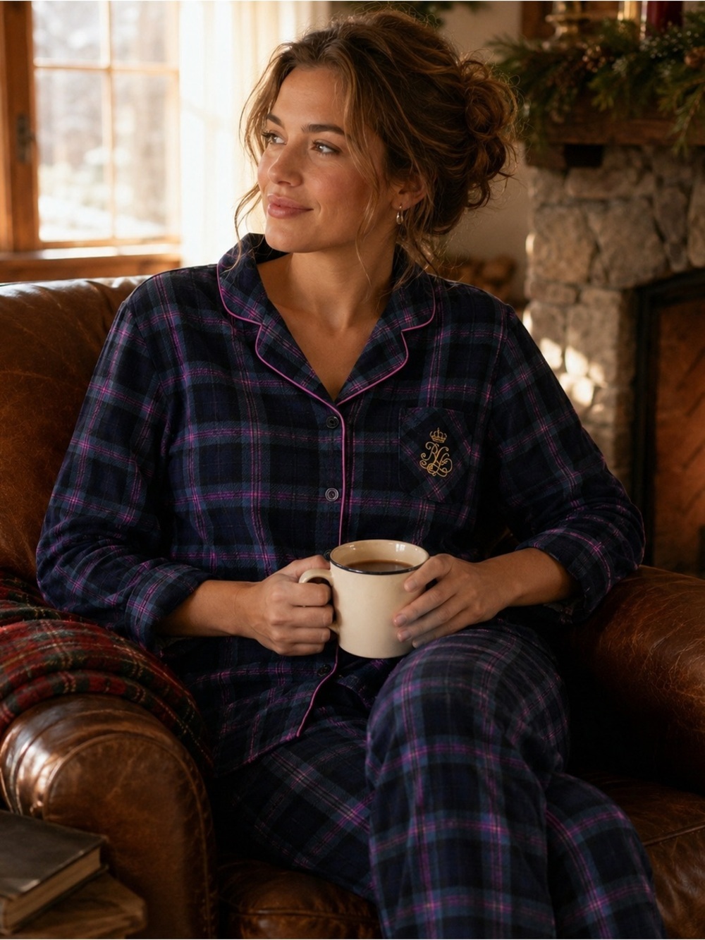 Lauren Ralph Lauren Plaid Fleece Pajama Set Womens L Blackwatch Pink Trim Crest
